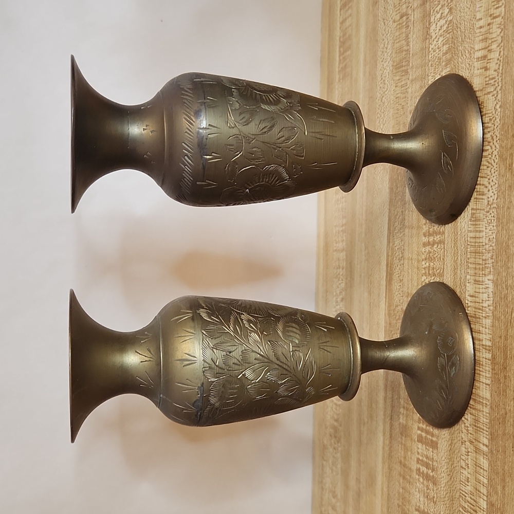 Pair (2) Vintage Etched Floral Pattern Brass Vase 6inches